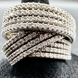 Multi Band Crossover Pave Statement Ring Silver Tone Size 7 15g Wide Band 0.75in